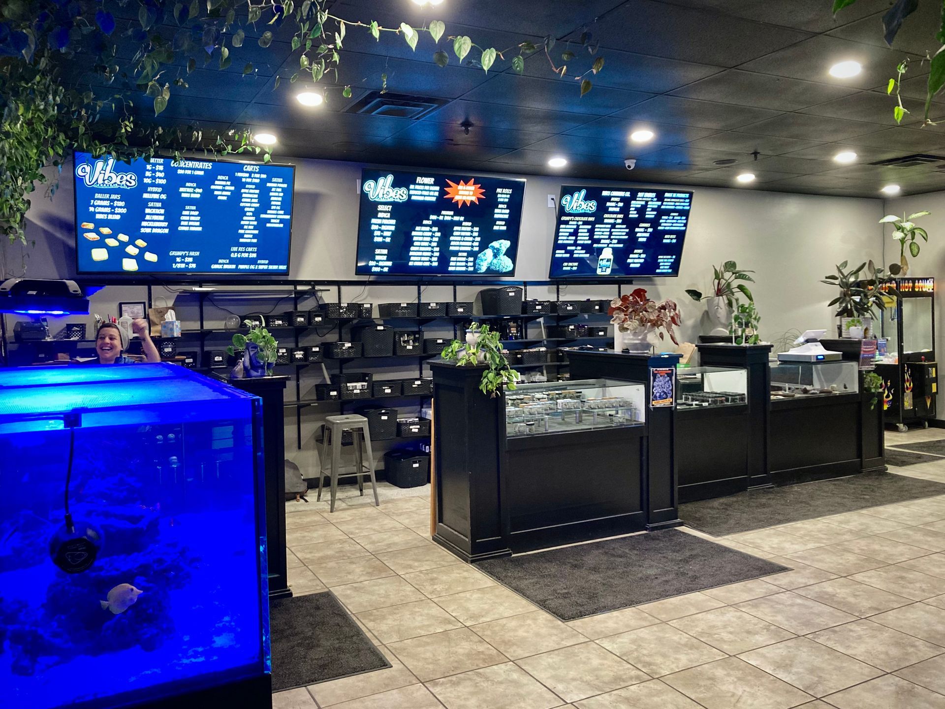 Display cases and reef tank inside the Vibes Cannabis Co storefront on Hogan Road