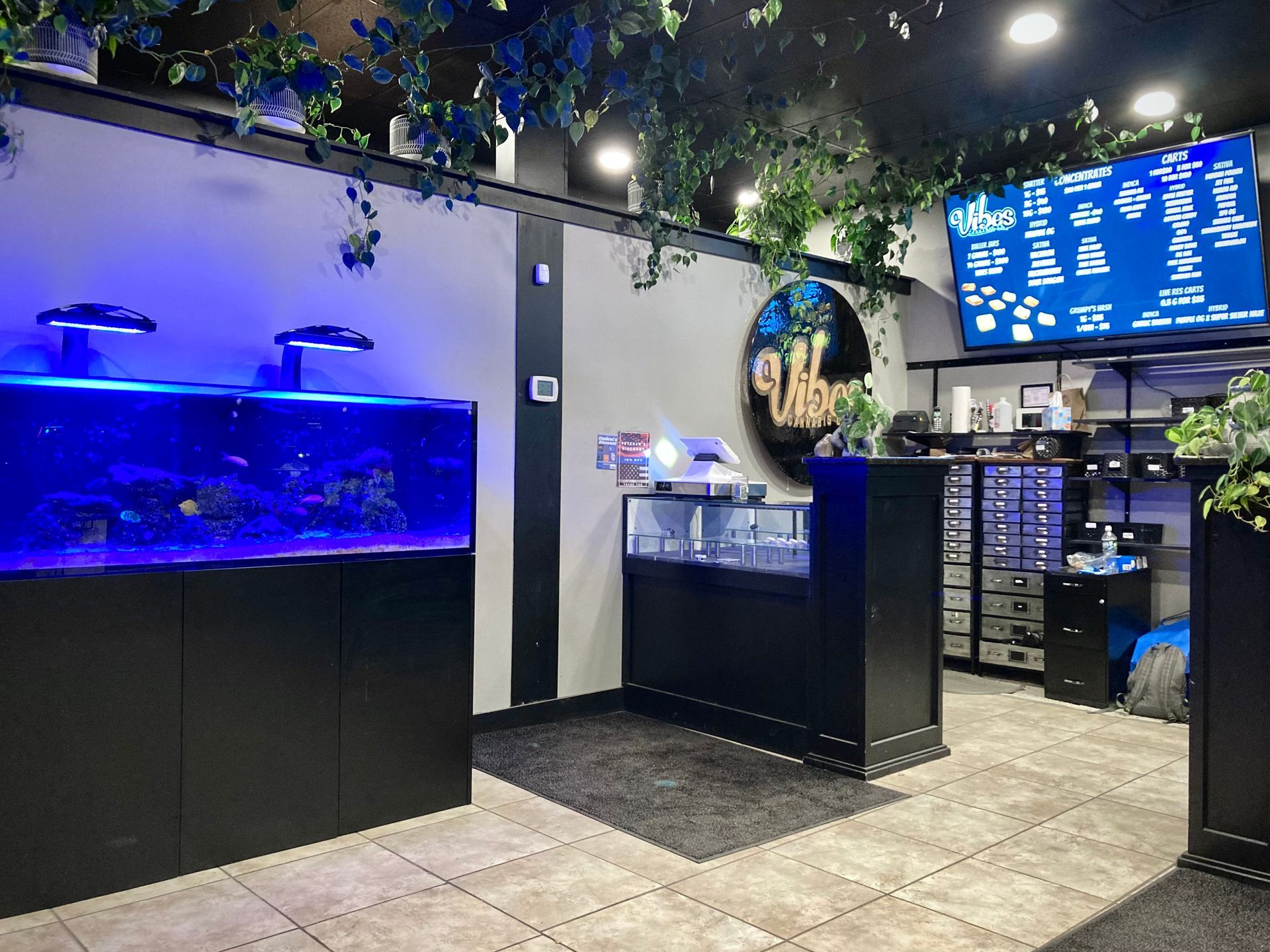 Front desk and check-in area at Vibes Cannabis Co on Hogan Road in Bangor, Maine